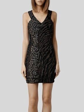 ALLSAINTS Shia Hand-Beaded Black Animal-Print V-Neck Mini Dress